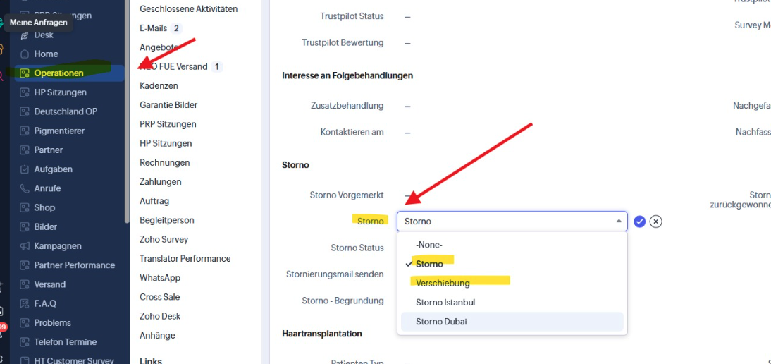 Storno / Verschiebung eintragen
